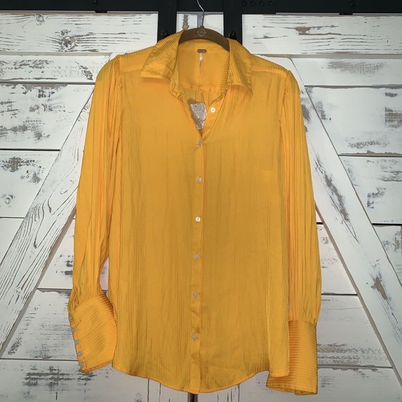 FREE PEOPLE Serena Silky Stripe Shirt carrot ginger yellow Long Sleeve Blouse - Picture 2 of 12